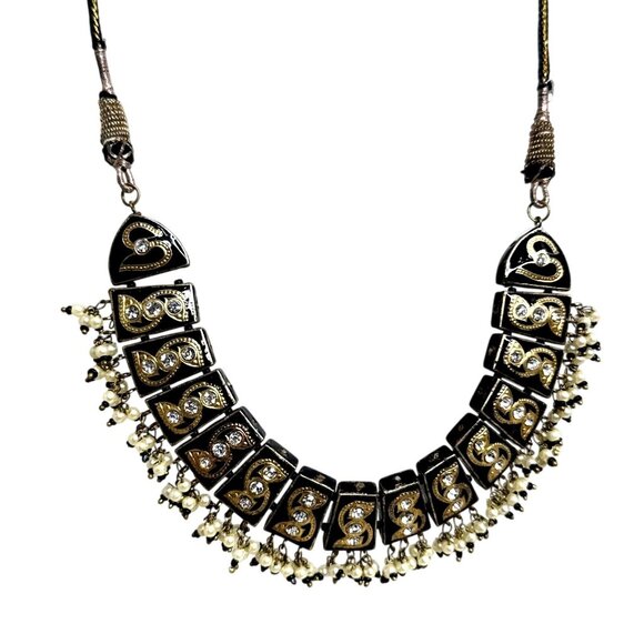 Ethnic-Inspired Black/Gold Beaded Necklace W/Intricate Detailing & Adjust. Cord - Picture 2 of 4